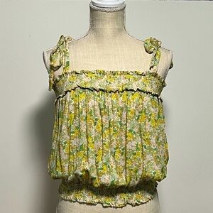 Rachel Zoe Yellow Green floral smocked tube top with tie straps elastic waist